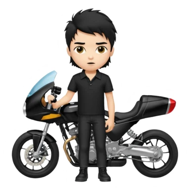 generate a pretty fair bratz boy with a messy mullet (black hair), wearing a BLACK polo.  standing witha superbike sticker