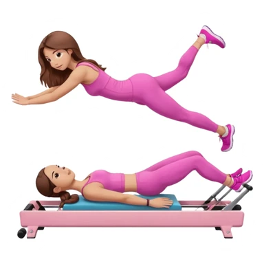one girl doing a plank on a pilates reformer in a pink workout set with long brown hair sticker