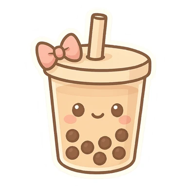 chibi sticker-style bubble tea with a bow, cute and exaggerated sticker