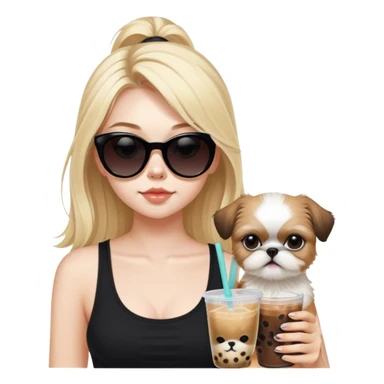 Blonde girl with pale skin and long hair with black cat eye sunglasses in black tank top holding boba tea and holding tan Shih Tzu  sticker
