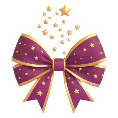 sparkly burgundy bow with gold outline, a heart in the center, and small stars sticker