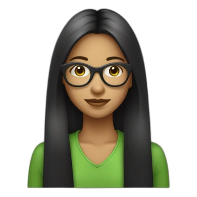 une fille avec de long cheveux noir lisse , et avec des lunette (en forme de carrer un peu déformé) assez grosse comparer a ça tête ,et elle a des yeux vert sticker