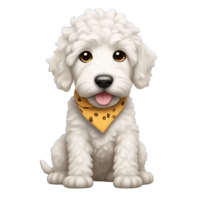 White labradoodle puppy with “cone collar” around neck and sock knots right front paw sticker