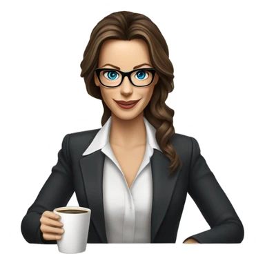 Hyper Realistic Kate Beckinsale blue eyes wearing glasses in a business dress drinking coffee happy  sticker
