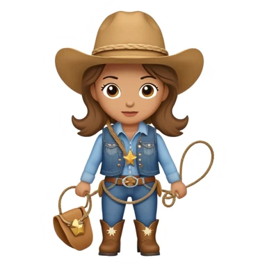 A cuddly cowgirl plush toy with denim vest, cowboy boots and a lasso sticker
