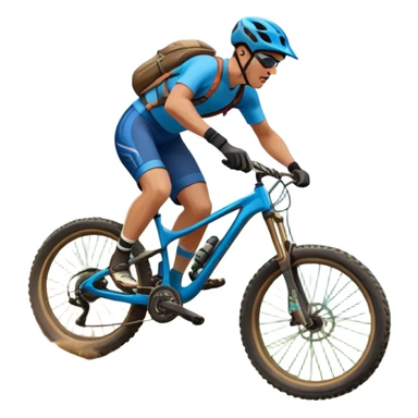 An icon featuring a mountain bike with thick tires on a rugged trail. A cyclist in a helmet rides downhill, kicking up dust. The background showcases a breathtaking mountain landscape with green slopes, rocky peaks, and a bright blue sky. Transparent background emphasizes adventure and speed sticker