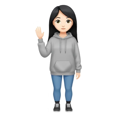 full-body female avatar, flat vector, long black hair, oversized sweatshirt, neutral background sticker