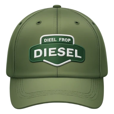 Deep army green Diesel cap, isolated hat with white handwritten Diesel text and the brand's logo below it, no human sticker
