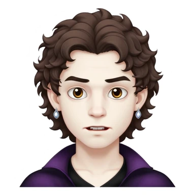 vampire teen boy with pure white skin, wavy medium brown fluffy hair, eyebrown piercing and zirconia earrings sticker