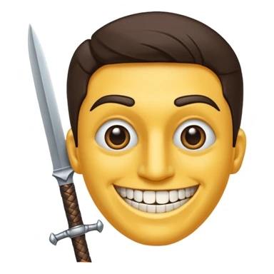 Haz que tenga una sonrisa epica una cicatriz en el ojo serrado y una espada entre los dientes y dos más a cada lado. sticker