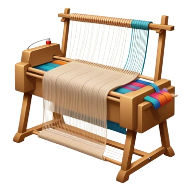 Create an icon that represents the hobby of weaving. The design should include a loom, threads, and a partially woven fabric, along with a piece of colorful fabric and sewing patterns. Include a representation of finished clothing, like a simple shirt or dress, made from the woven fabric. The composition should feel balanced and harmonious, reflecting the creative and intricate process of weaving and sewing. The background should be transparent. sticker