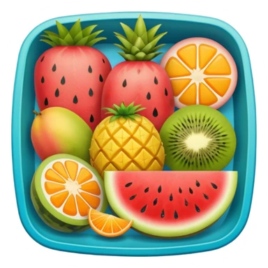 colorful fruit platter in a square container featuring watermelon, strawberry, mango, kiwi, orange, cantaloupe, and pineapple sticker