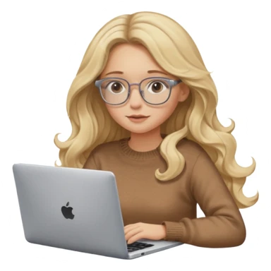 blonde girl with long dark blonde wavy hair, pantos-style glasses, a brown sweater, sitting and looking in laptop, soft pastel, upper body shot sticker