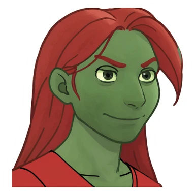 A girl with long red hair. She has a neutral expression on her face,wearing a red v neck shirt. Her hair is in a side part with edges on the side.her eyes are low,she is a bit brown skinned, and she has long eyelashes sticker