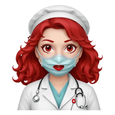 Scary woman scalpel in hand, evil surgeon sexy surgeon clothes.  She has red eyes. Her  brown long curly hair. Wears sexy doctor outfit with red gloves. make her hair free and brown but have mouthy  wear  mask  to hide. Wears white surgeon jacket and  face under a veil sticker