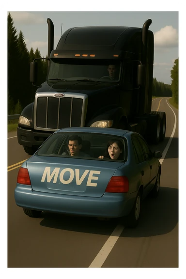 Remove the trailer from the black semi truck, keep the rest of the scene the same, with a person visible in the car in front. sticker