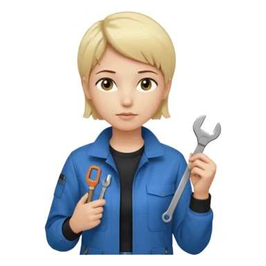 Calm and independent female engineer, fair skin, short straight blonde hair tucked behind the ears, neutral but focused expression, wearing a fitted blue utility jacket over a black crew-neck top, holding a small wrench in one hand and a circuit board in the other, waist-up, front-facing sticker