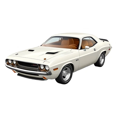 White 1971 Dodge Challenger with consistent proportions, accurate three-quarter view at 30 degrees, showing front grille, headlights and side profile in correct perspective, all white, iOS emoji style sticker