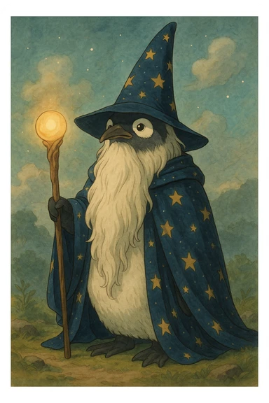 majestic penguin wizard with long beard, starry cloak, glowing staff, fantasy illustration style, detailed and magical sticker