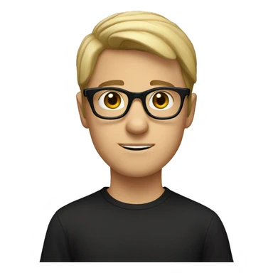 A white boy with slightly parted hair and black framed glasses, wearing a black T-shirt sticker