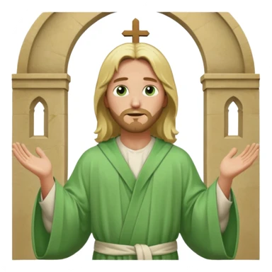 Jesus, green eyes, blonde hair, light green church robe. opening arms, gazing thoughtfully. Soft light, subtle fern. Waist-up, profile. sticker
