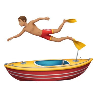 Emoji-style side view of boat with person diving off, rounded cute features, soft shading, colorful, PNG cutout sticker