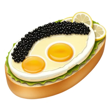 open sandwich with butter, half egg, slice of lemon, black caviar sticker
