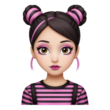 generate a pretty fair bratz girl with dark brown eyes. Dark brown hair straight hair with pink highlights tied into buns.  eyeliner. black lipstick. Wearing a white and black striped top sticker