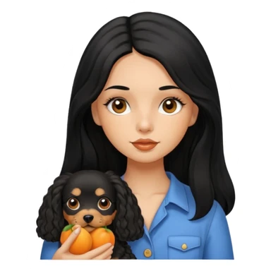 Italian girl very long straight black hair black eyes button  nose full lips tan skin holding apricot Cavapoo dog sticker