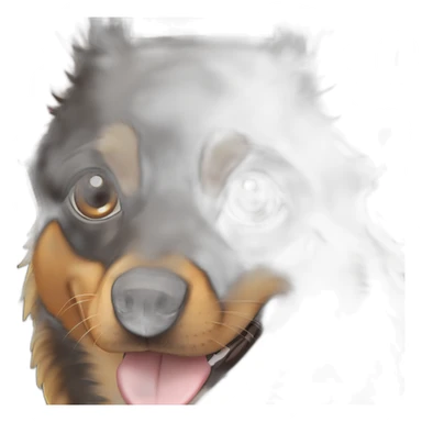 black and brown mutt dog with mostly german shephard head but larger chihuahua eyes with large overbite with left upper sharp canine tooth crooked even with closed mouth sticker