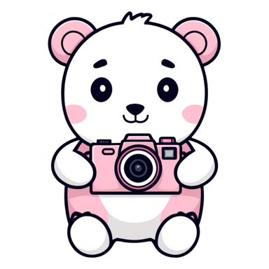White teddy bear with a pink camera sticker