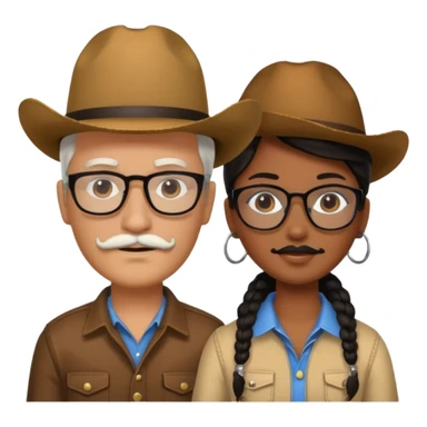 White brown cow boy with black glasses and mustache with a black black girl sticker