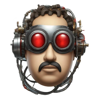 Fat cyborg head with red steampunk goggles, black goatee and circuits sticker