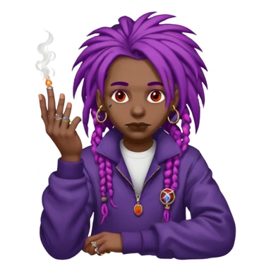 A purple weed smoking emoji with purple dreads, red eyes, hands full of rings, and wearing airforce1 shoes  sticker