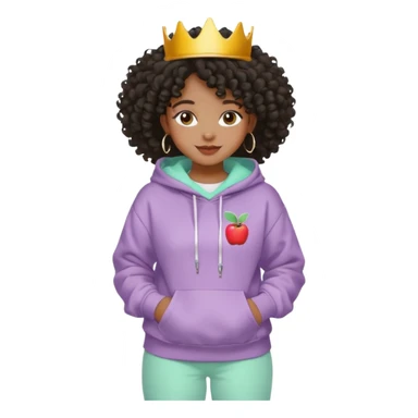 Black girl, clean girl aesthetic, 4C curly hair in a puff, pastel hoodie, white sneakers, minimal jewelry, soft smile, cozy vibe, bright colors, Apple-style emoji cru sticker
