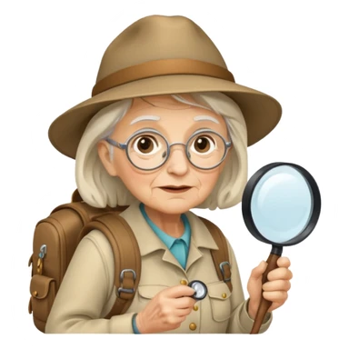 Explorer old woman backpack and magnifying glass, voyarer sticker