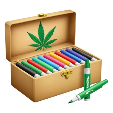 a box of colorful permanent markers with cannabis leaf sticker