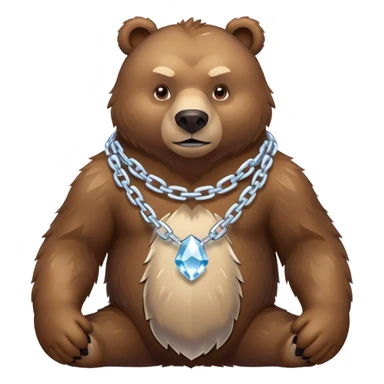 Fierce brown bear walking on four paws with an ice chain necklace, frozen chain links made of crystal clear ice, serious face sticker