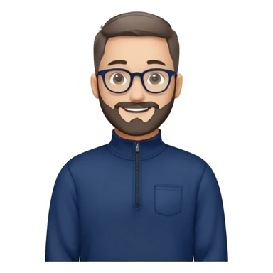 Fair-skinned broader man with oval face, very tight haircut (almost shaved on top, faded sides), short salt and pepper beard, big black-rimmed glasses, friendly smile, navy blue quarter-zip sweatshirt with long sleeves sticker
