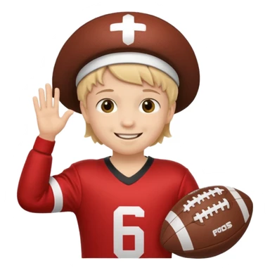 A child stands in a football costume, holding an actor's hat sticker