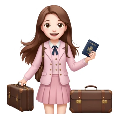 girl with long brown hair with suitcase and passport, cottagecore outfit, excited smile, pale pink sky sticker