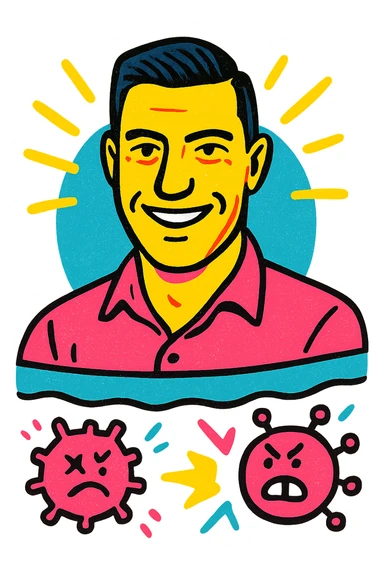 Vertical portrait of a man's face in a pop-art style with a smiling expression. Stylized parasites shatter against a colorful barrier, conveying an atmosphere of victory and well-being. sticker