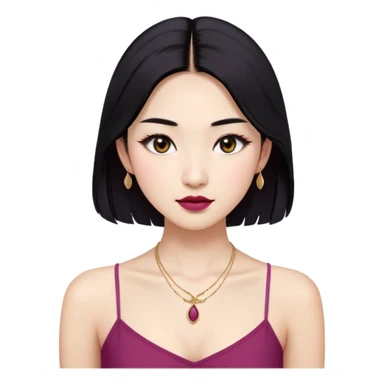 An Asian fair-skinned girl with long black hair (parted to the right side), with double eyelids, almond-shaped eyes, thick dark eyebrows, regular small nose, and natural regular lips. Makeup: dark eyelashes, raspberry color lipstick, and an eyeliner. Clothes: white spaghetti strap crop top and a golden modest necklace. No earrings. Emoji should be iOS style. sticker