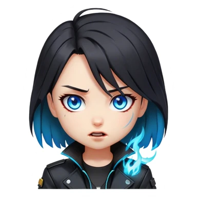 Black hair cyberpunk 2077 chibi girl with blazing blue eyes and black jacket. All emotion reactions sticker