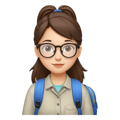 student brunet kid girl, ponytail wearing glasses with backpack sticker