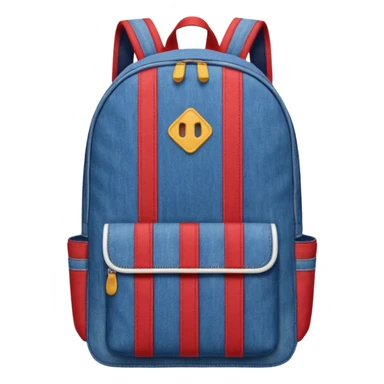  blue denim backpack with red, white, and navy stripes, similar to a Tommy Jeans design. Minimalistic, cartoon-like, front-facing."
 sticker