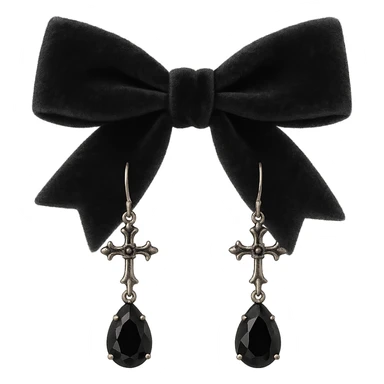 goth earrings, black velvet bow, romantic gothic, soft texture sticker