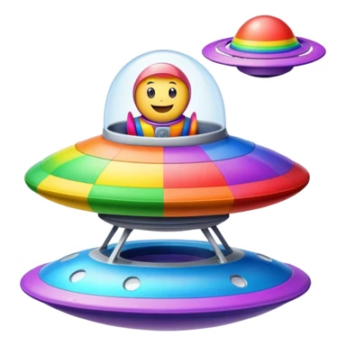 A colorful rainbow crayon character riding on top of a flying saucer UFO in space sticker