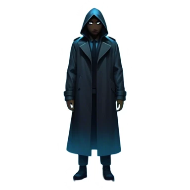 Movie Poster: A tense, gripping design with dramatic lighting. Shadows loom, and ominous shapes emerge from the mist. Suspenseful and cinematic atmosphere.  Include a mysterious figure in a dark coat standing in a rain-soaked alley, with glowing neon signs in the background. Transparent background. sticker