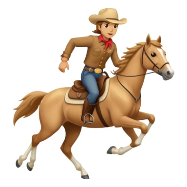 palomino horse running with a rider with brown hair and a cowboy hat sticker